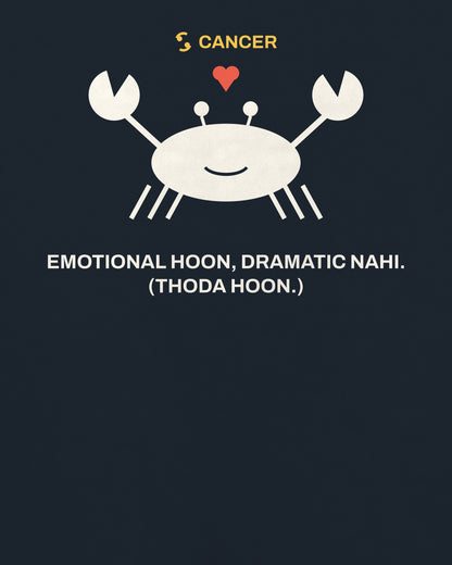 Navy blue oversized t-shirt, close-up of the Cancer Zodiac Crab Heart back print – digital mockup