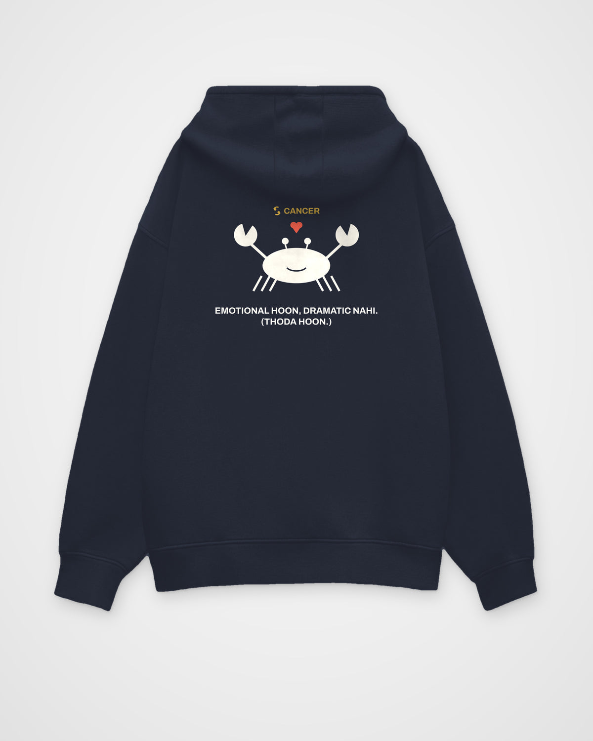 Navy blue oversized hoodie, back view, with a smiling crab holding a small heart, CANCER and Emotional – digital mockup