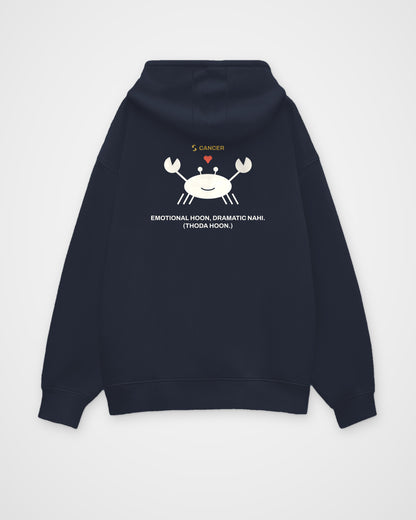 Navy blue oversized hoodie, back view, with a smiling crab holding a small heart, CANCER and Emotional – digital mockup