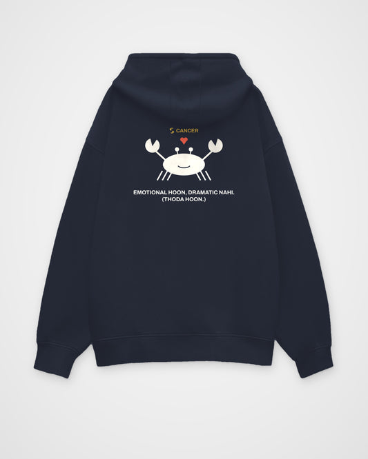 Navy blue oversized hoodie, back view, with a smiling crab holding a small heart, CANCER and Emotional – digital mockup
