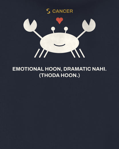 Navy blue oversized hoodie, close-up of the Cancer Zodiac Crab Heart back print – digital mockup