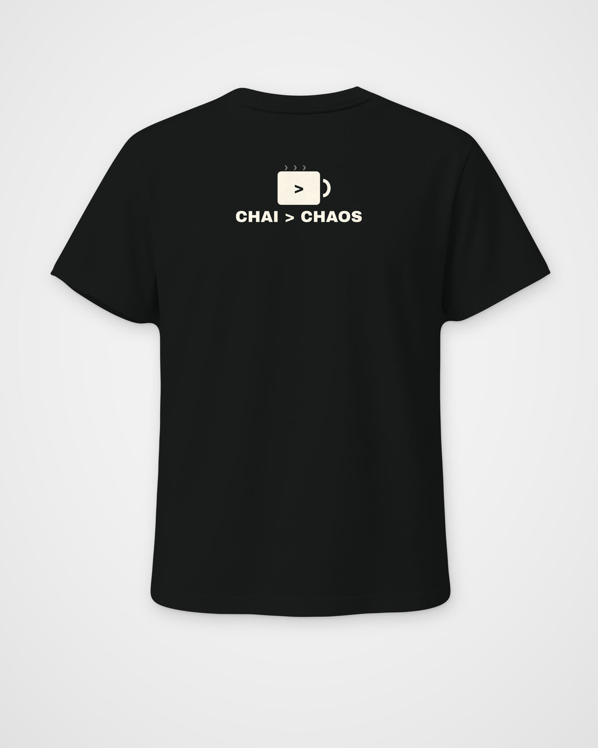 Black regular fit t-shirt, back view, a minimal chai cup icon and the line CHAI > CHAOS – digital mockup