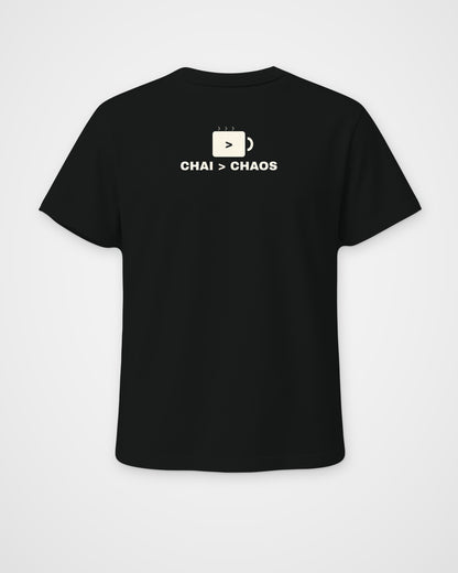 Black regular fit t-shirt, back view, a minimal chai cup icon and the line CHAI > CHAOS – digital mockup