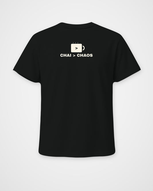 Black regular fit t-shirt, back view, a minimal chai cup icon and the line CHAI > CHAOS – digital mockup