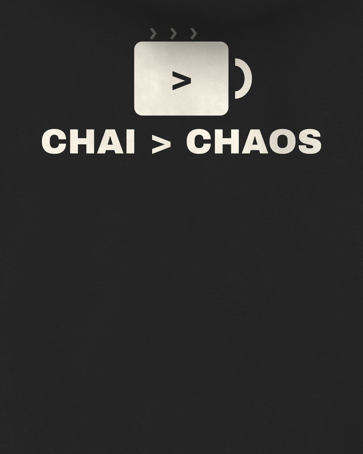 Black oversized hoodie, close-up of the Chai Over Chaos back print – digital mockup