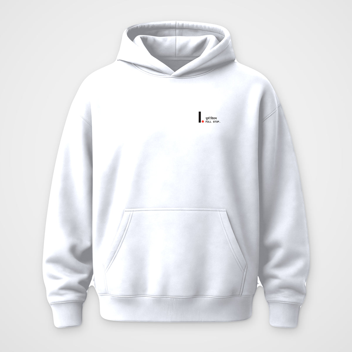 White oversized hoodie, front view, Full Stop print