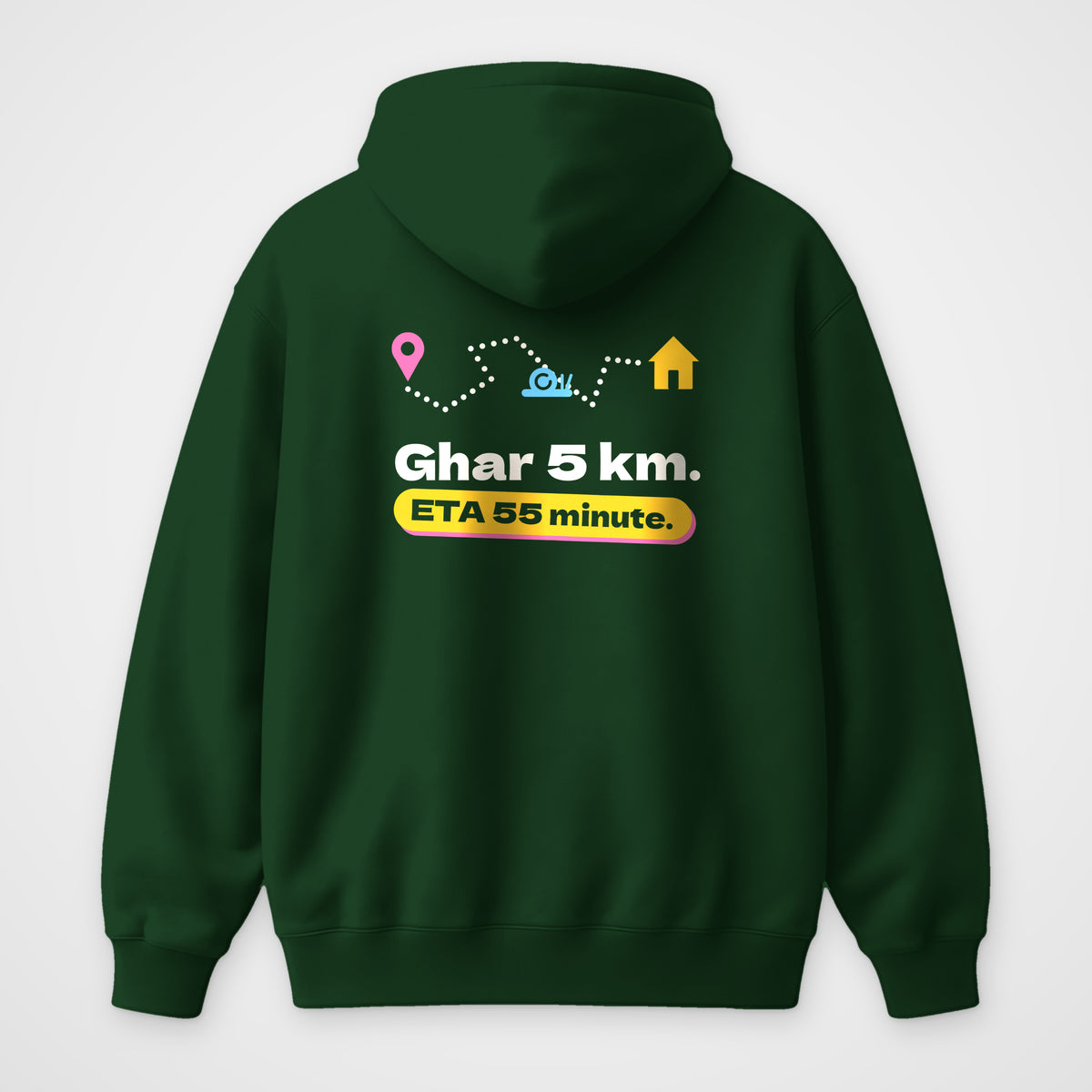 Bottle Green oversized hoodie, back view, Ghar 5 km print