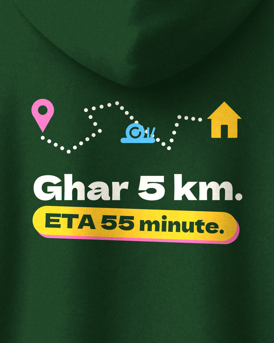 Bottle Green oversized hoodie, close-up of the Ghar 5 km print