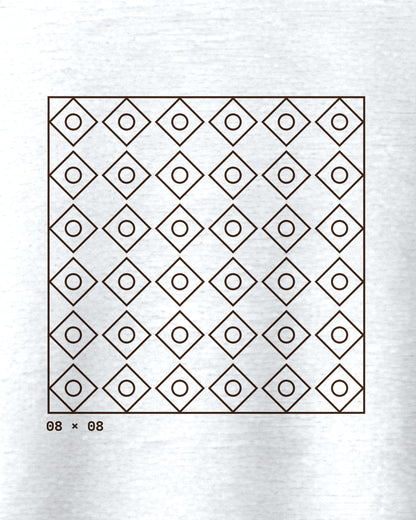 White oversized t-shirt, close-up of the Grid 08 x 08 print
