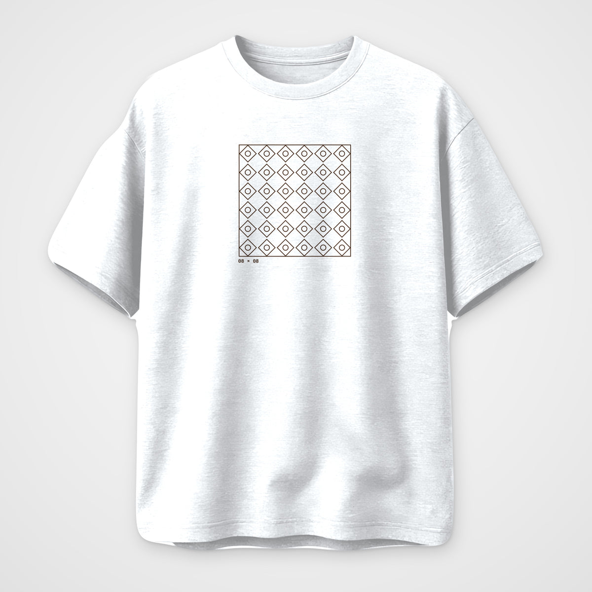 White oversized t-shirt, front view, Grid 08 x 08 print