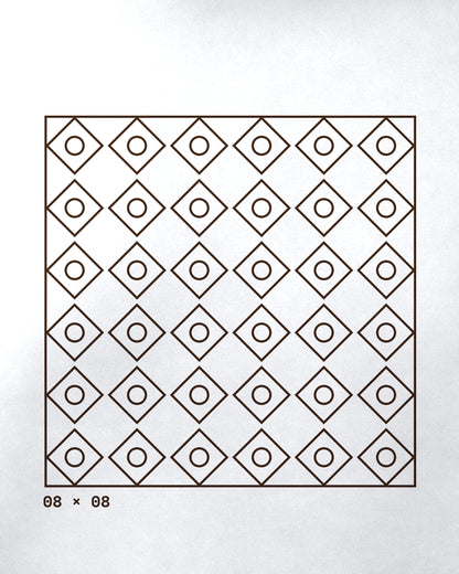 White oversized hoodie, close-up of the Grid 08 x 08 print