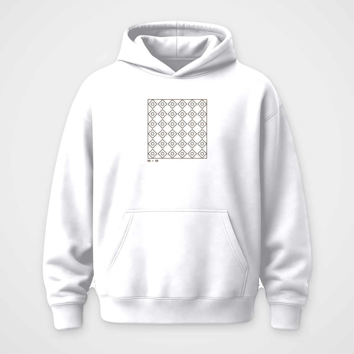 White oversized hoodie, front view, Grid 08 x 08 print