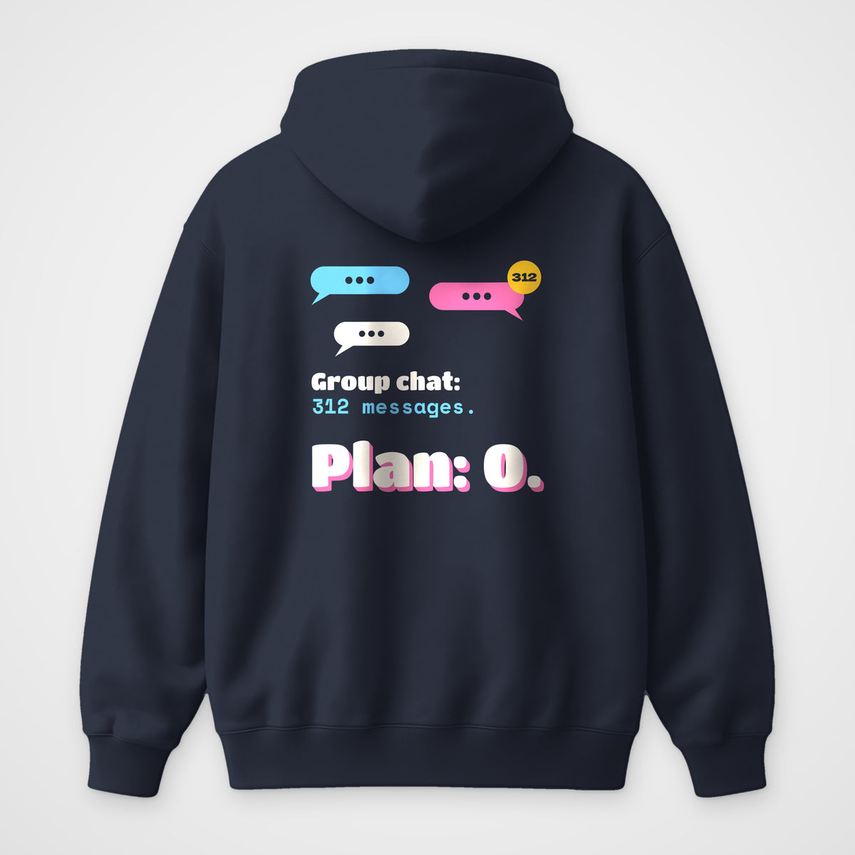 Navy Blue oversized hoodie, back view, Group Chat print