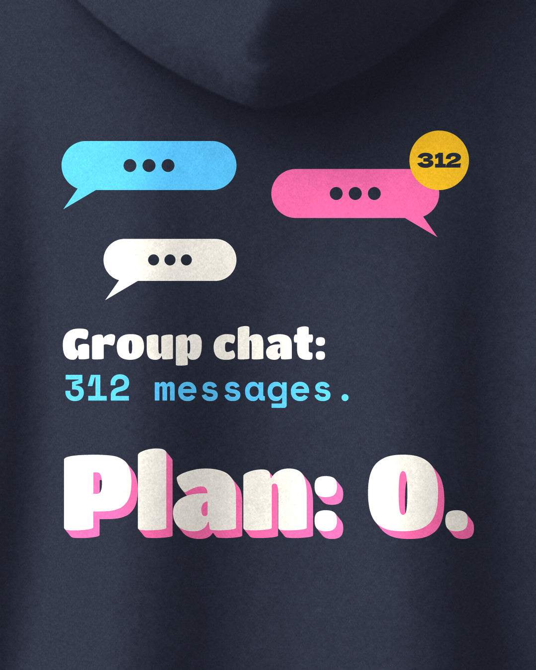 Navy Blue oversized hoodie, close-up of the Group Chat print