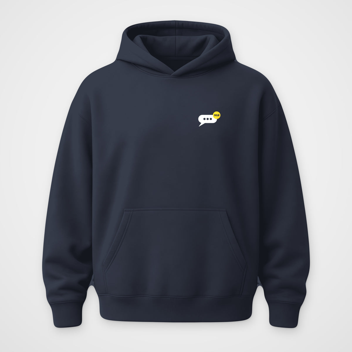 Navy Blue oversized hoodie, front view, Group Chat print