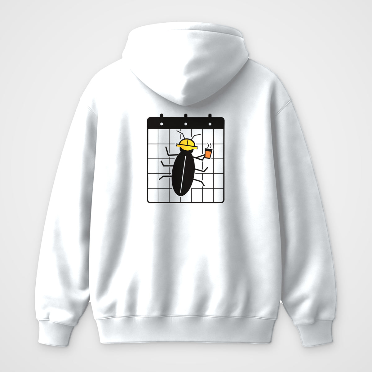White oversized hoodie, back view, Hard Hat Bug (wordless) print