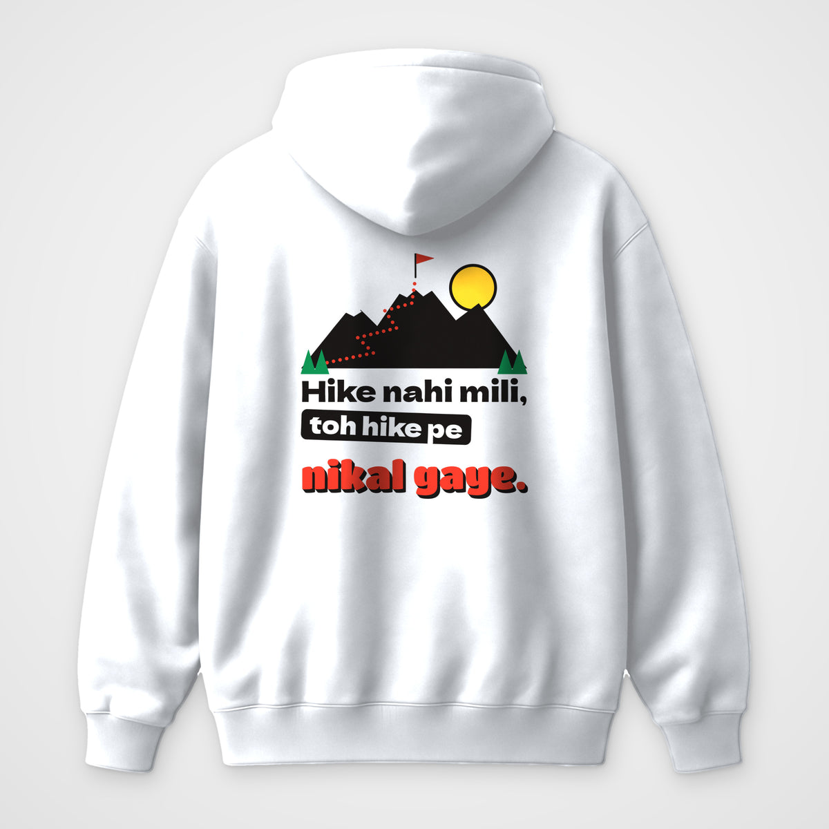 White oversized hoodie, back view, Hike print