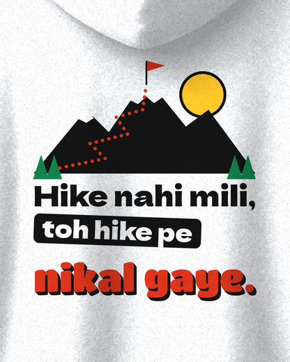 White oversized hoodie, close-up of the Hike print