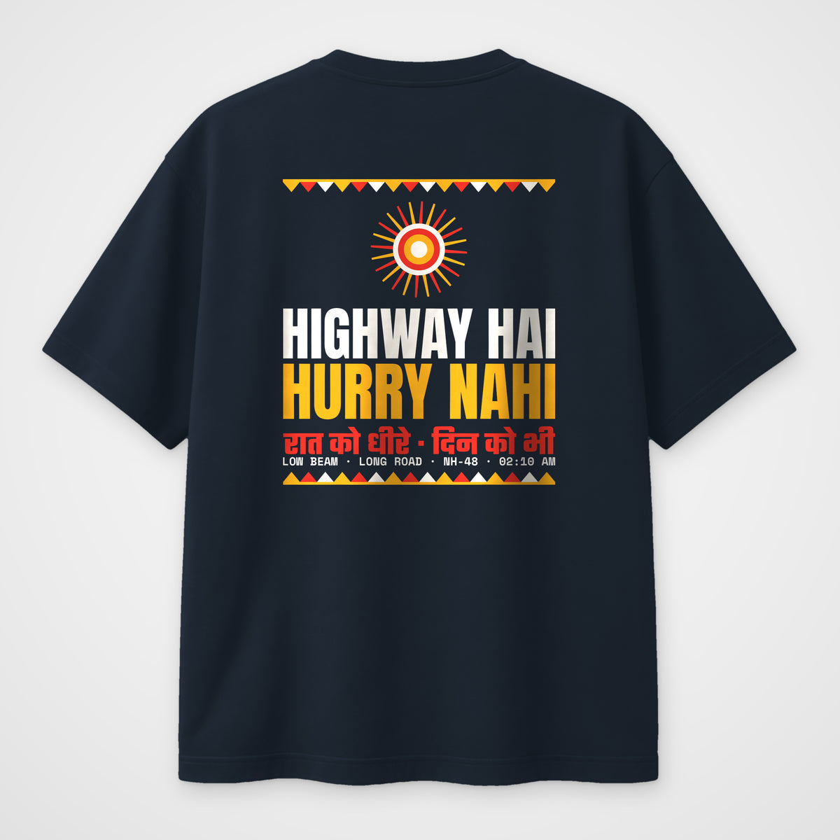 Navy Blue oversized t-shirt, back view, Hurry Nahi print