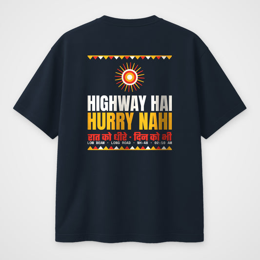 Navy Blue oversized t-shirt, back view, Hurry Nahi print