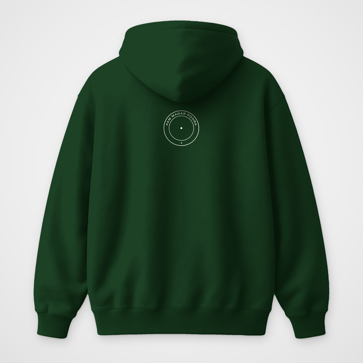 Bottle Green oversized hoodie, back view, Kam Magar Poora print