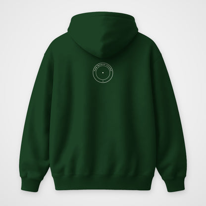 Bottle Green oversized hoodie, back view, Kam Magar Poora print