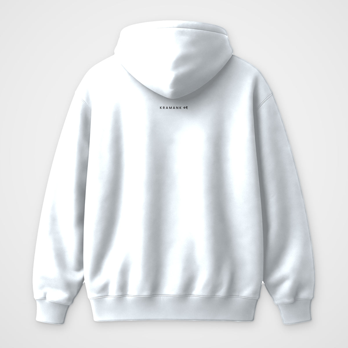 White oversized hoodie, back view, Kramank print