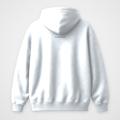 White oversized hoodie, back view, Kramank print