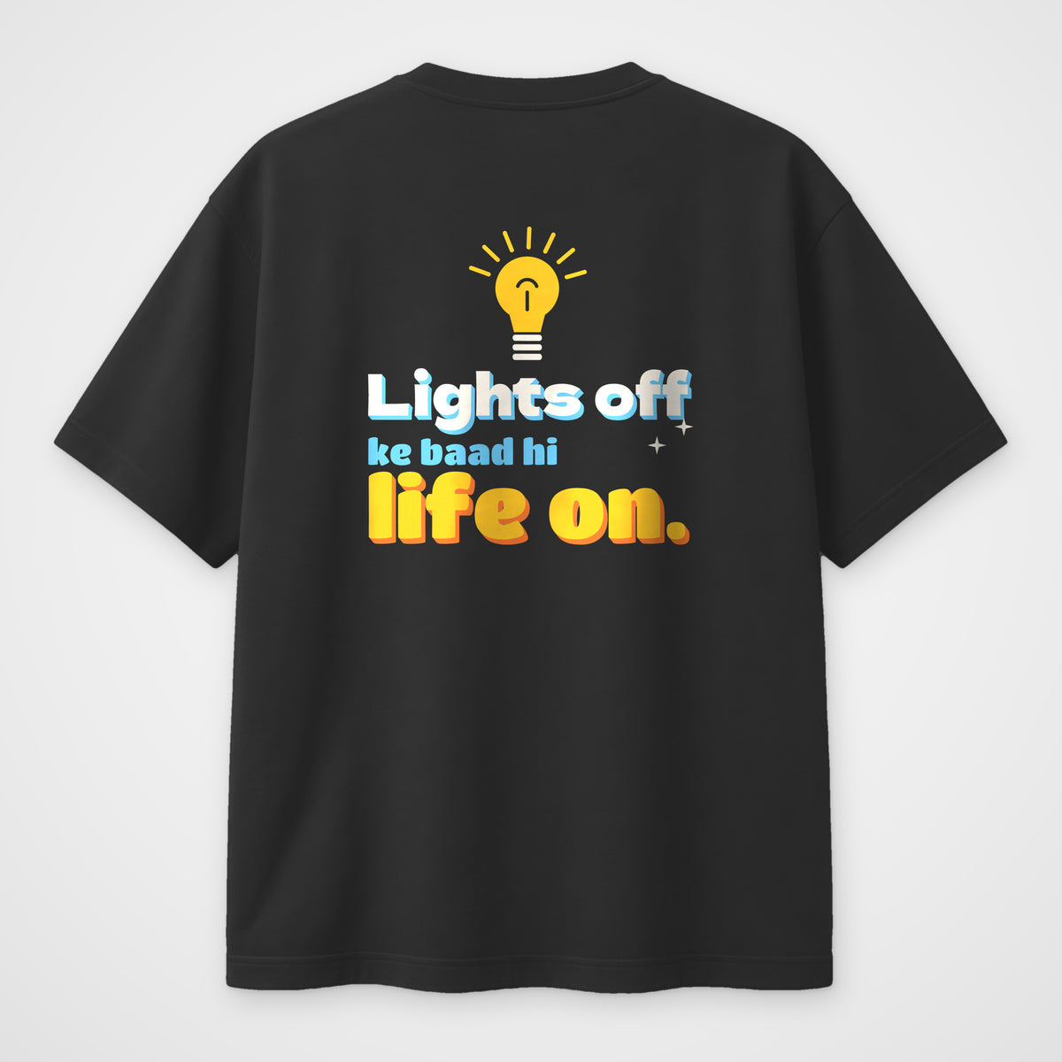 Black oversized t-shirt, back view, Lights Off print
