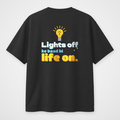 Black oversized t-shirt, back view, Lights Off print