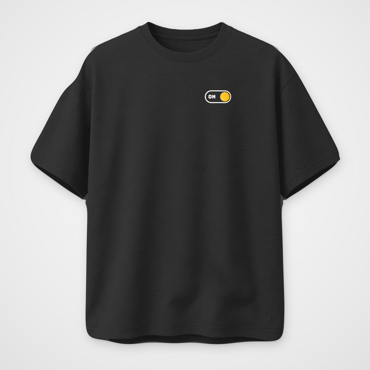 Black oversized t-shirt, front view, Lights Off print
