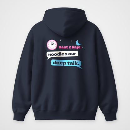 Navy Blue oversized hoodie, back view, Noodles & Deep Talk print