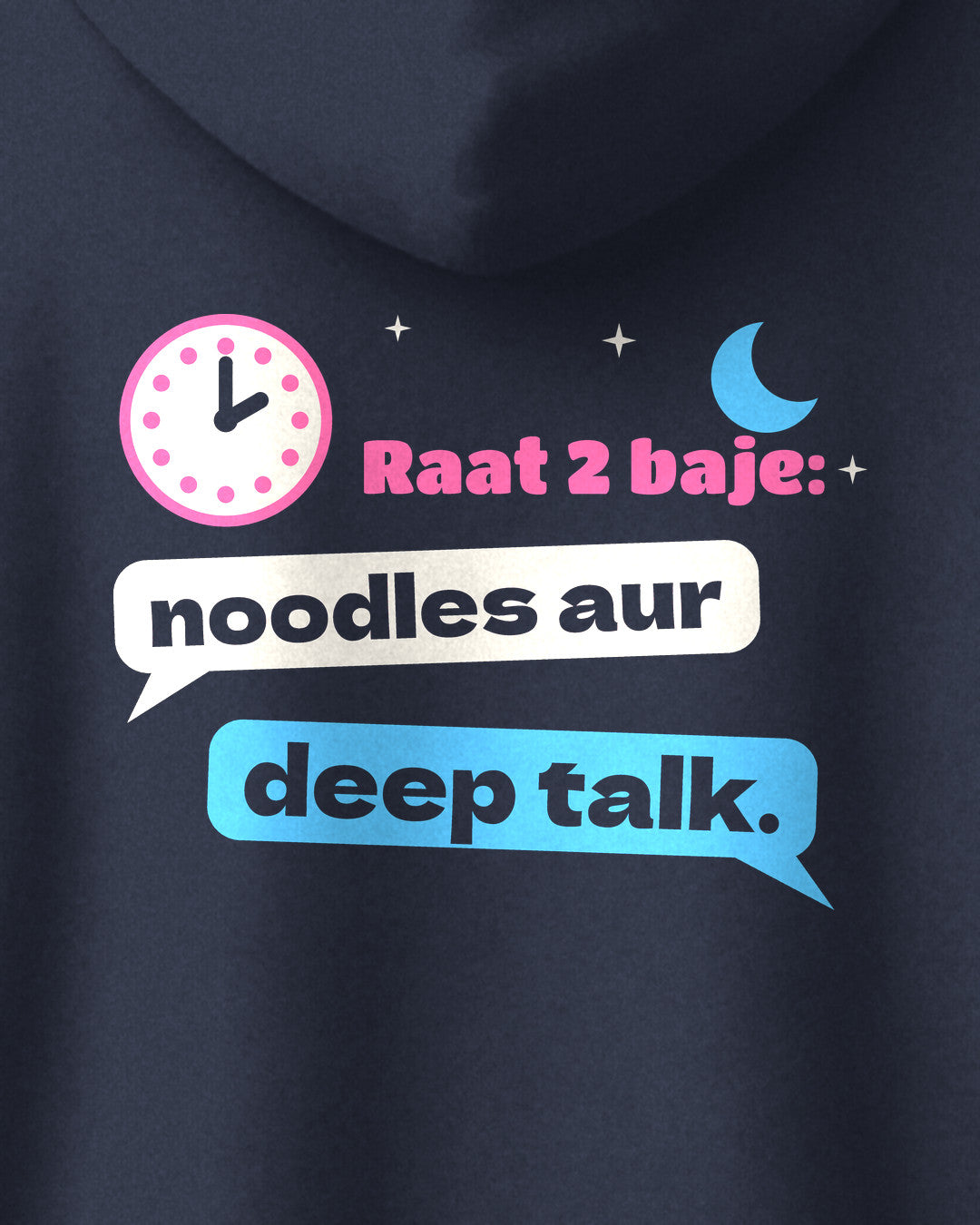 Navy Blue oversized hoodie, close-up of the Noodles & Deep Talk print