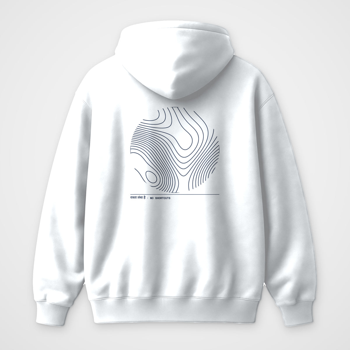 White oversized hoodie, back view, No Shortcuts (topographic) print