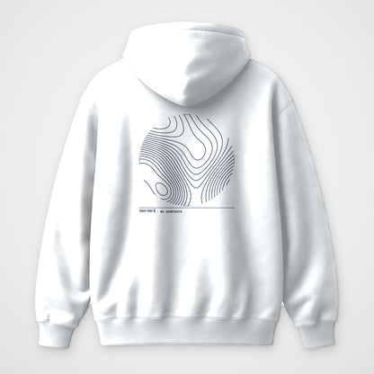 White oversized hoodie, back view, No Shortcuts (topographic) print