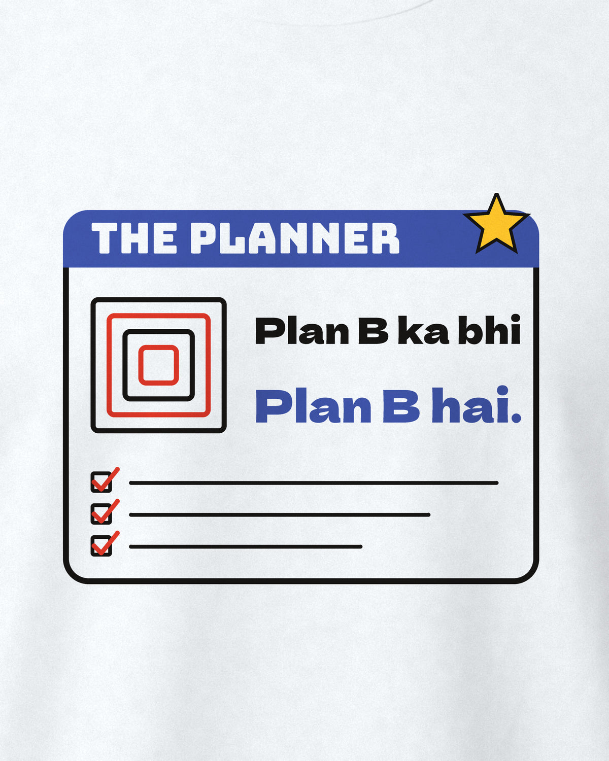 White regular fit t-shirt, close-up of the The Planner print