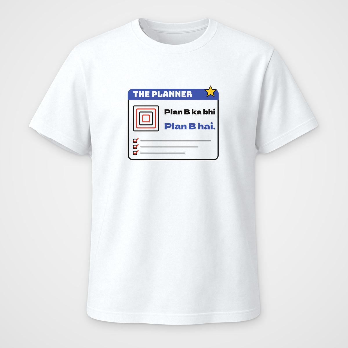 White regular fit t-shirt, front view, The Planner print