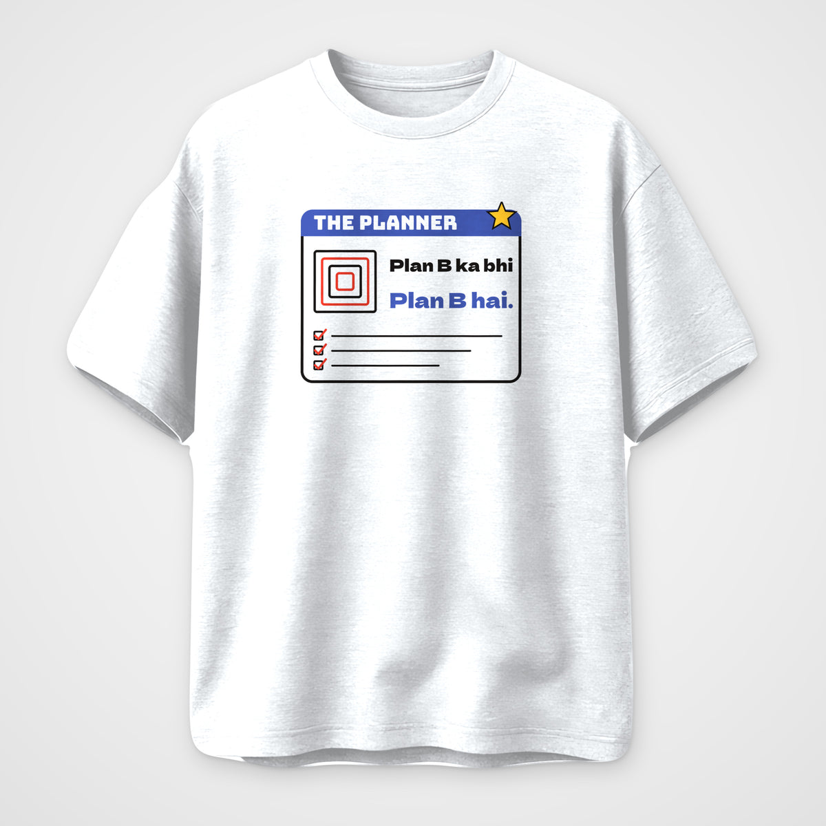 White oversized t-shirt, front view, The Planner print