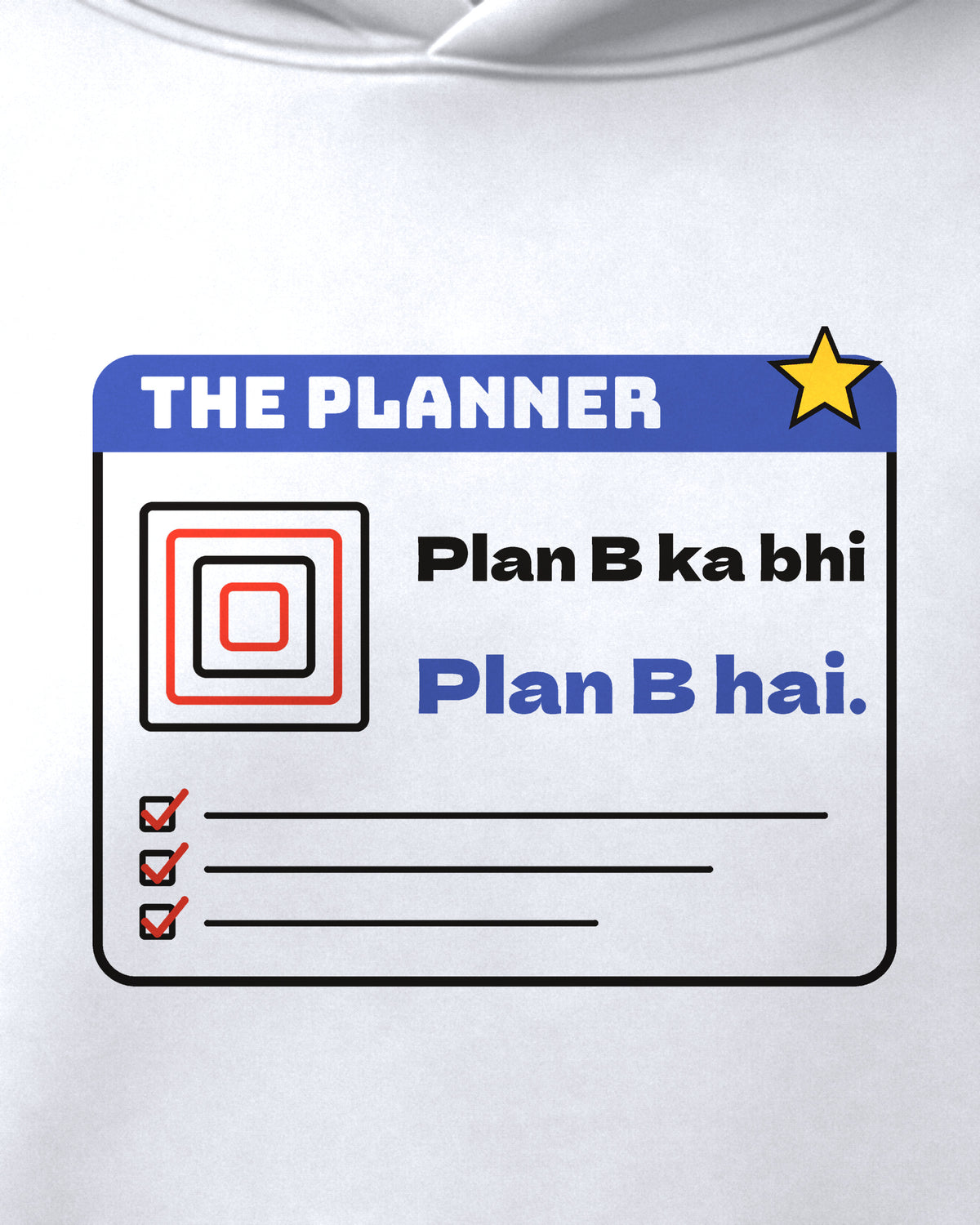 White oversized hoodie, close-up of the The Planner print