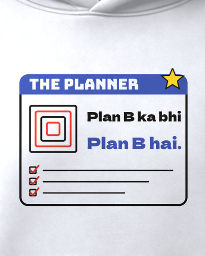 White oversized hoodie, close-up of the The Planner print