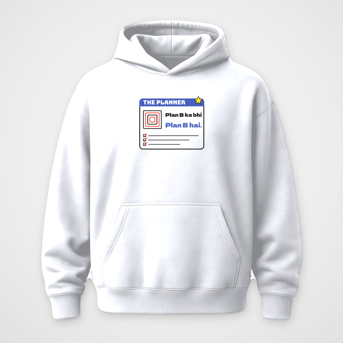 White oversized hoodie, front view, The Planner print