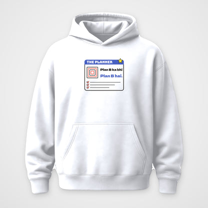 White oversized hoodie, front view, The Planner print