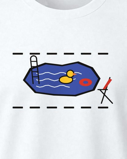 White regular fit t-shirt, close-up of the Pothole Pool (wordless) print