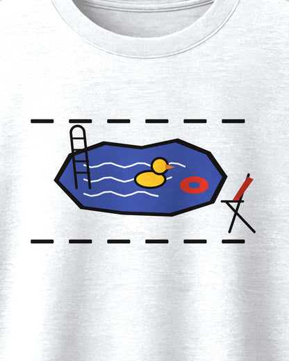 White oversized t-shirt, close-up of the Pothole Pool (wordless) print