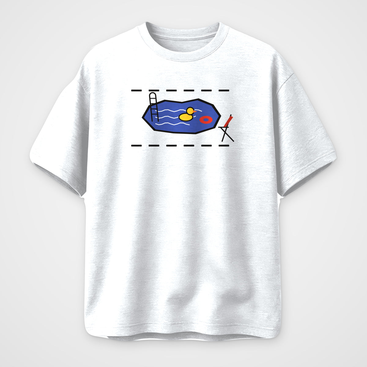 White oversized t-shirt, front view, Pothole Pool (wordless) print