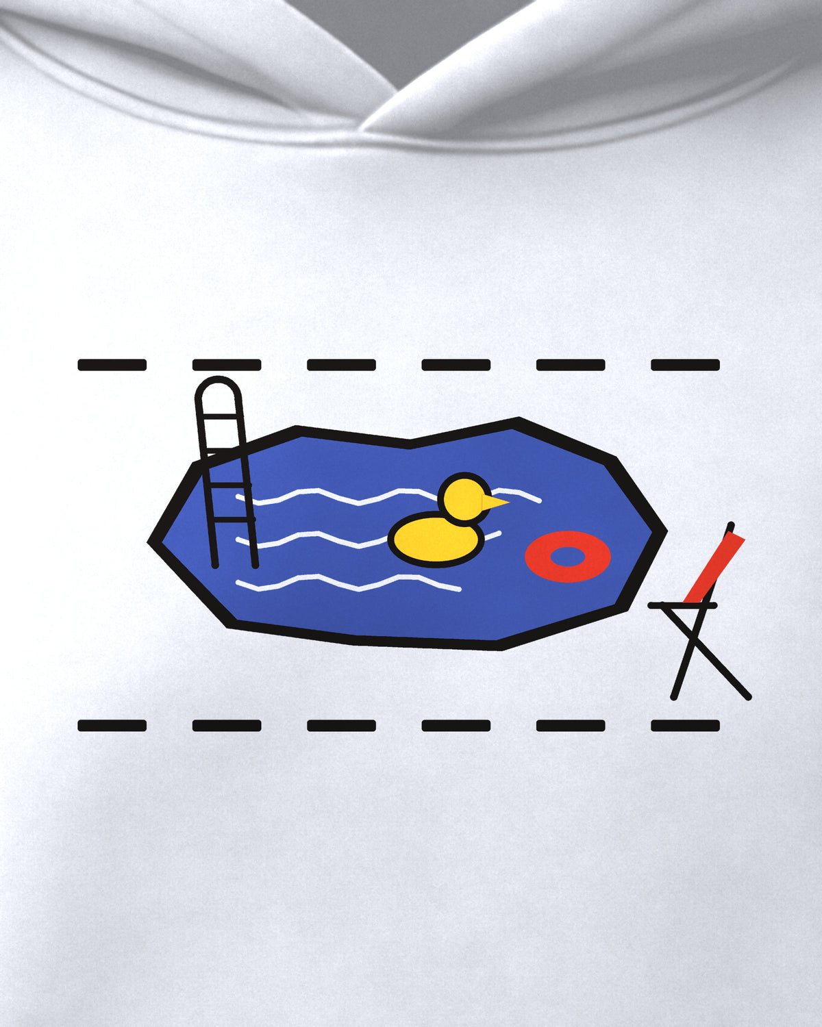 White oversized hoodie, close-up of the Pothole Pool (wordless) print