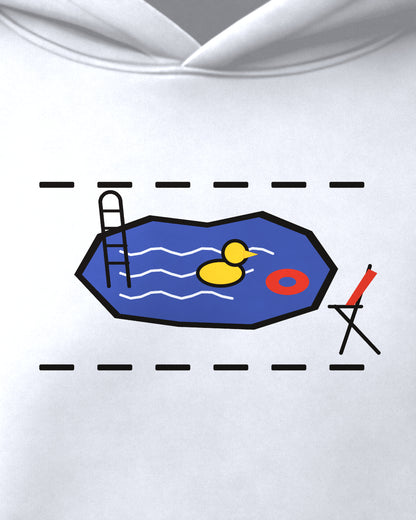 White oversized hoodie, close-up of the Pothole Pool (wordless) print