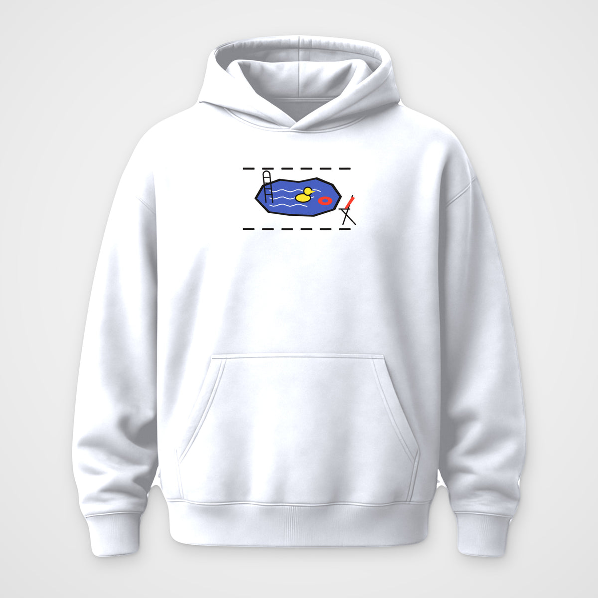 White oversized hoodie, front view, Pothole Pool (wordless) print