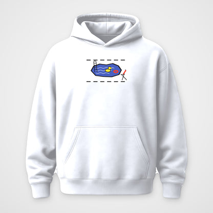 White oversized hoodie, front view, Pothole Pool (wordless) print