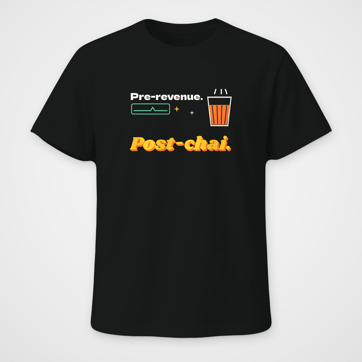 Black regular fit t-shirt, front view, Pre-revenue print